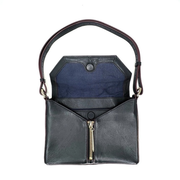 Pour La Victoire Slim Profile Shoulder Bag Black Leather Cherry Edging Flap Top - Picture 3 of 11